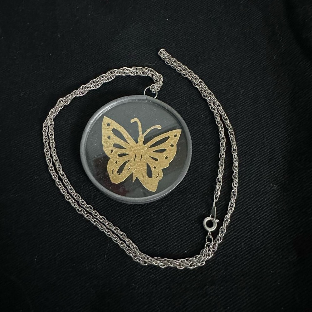Vintage butterfly necklace / medallion   Long great for layering